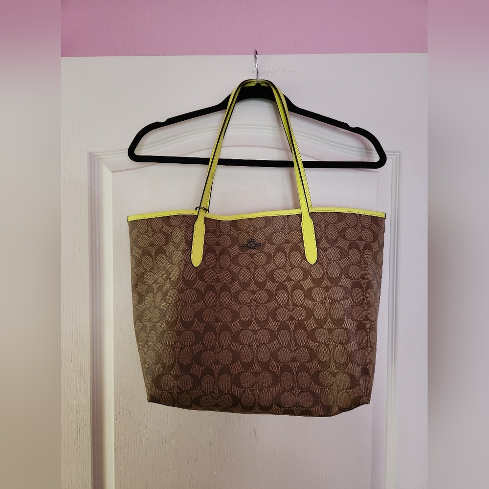 COACH City Tote Neon Yellow and Brown Canvas, This Bag is Discontinued